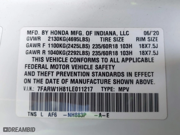 2020 Honda CR-V EX-L with VIN 7FARW1H81LE011217, listed as a IAAI auction lot 41734096 with 62,391 mi miles. Bid and sale history available at carsss.com. Image 9.