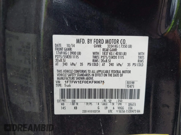 2014 Ford F-150 XL z VIN 1FTFW1EF0EKF90675, wystawiony jako IAAI lot #41922739 z przebiegiem 195 276 mil mil oraz . Historia ofert i sprzedaży dostępna na DreamBid. Obrazek 9.