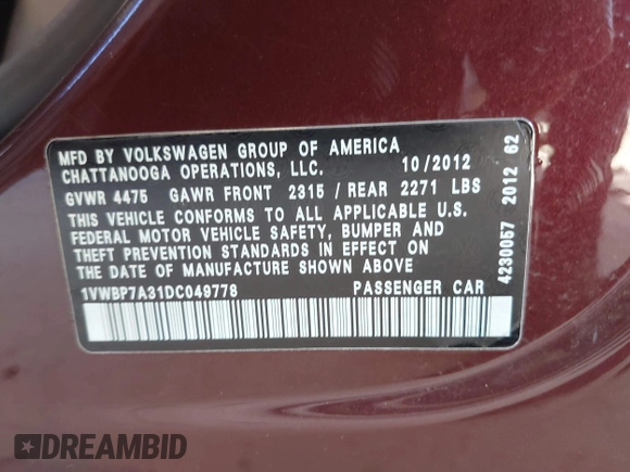 2013 Volkswagen Passat SE w/Sunroof & Nav with VIN 1VWBP7A31DC049778, listed as a IAAI auction lot 42087235 with 197,784 mi miles. Bid and sale history available at carsss.com. Image 9.