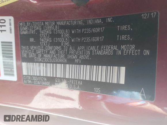 2018 Toyota Sienna LE Auto Access Seat with VIN 5TDKZ3DC9JS908806, listed as a IAAI auction lot 42457277 with 166,229 mi miles and . Bid and sale history available at DreamBid. Image 9.