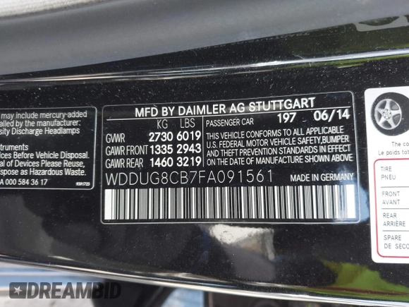 2015 Mercedes-Benz S-Class S 550 with VIN WDDUG8CB7FA091561, listed as a IAAI auction lot 41452399 with 60,530 mi miles. Bid and sale history available at carsss.com. Image 9.