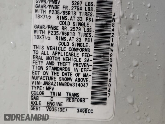 2013 Nissan Murano SV with VIN JN8AZ1MW8DW314047, listed as a Copart auction lot 49010405 with 161,773 mi miles and Salvage Title. Bid and sale history available at carsss.com. Image 13.