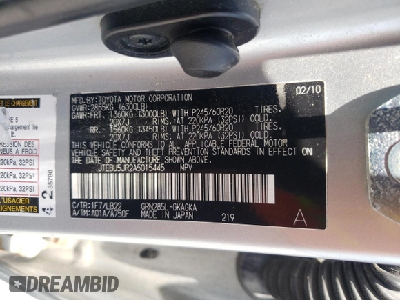 2010 Toyota 4Runner Trail with VIN JTEBU5JR2A5015445, listed as a Copart auction lot 59797055 with 280,926 mi miles and Salvage title. Bid and sale history available at DreamBid. Image 13.