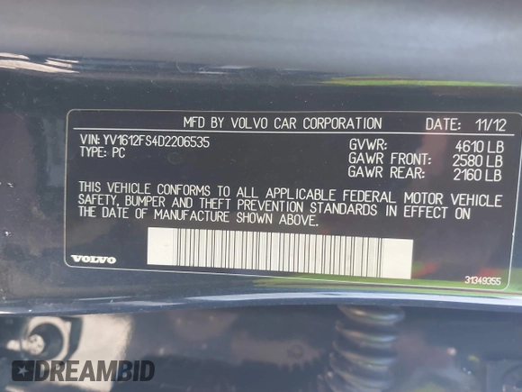 2013 Volvo S60 T5 Premier with VIN YV1612FS4D2206535, listed as a IAAI auction lot 41651699 with 141,557 mi miles and . Bid and sale history available at DreamBid. Image 9.