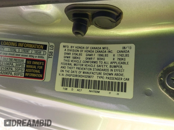 2013 Honda Civic Cpe LX with VIN 2HGFG3B5XDH529877, listed as a IAAI auction lot 41857263 with 1 mi miles. Bid and sale history available at carsss.com. Image 9.