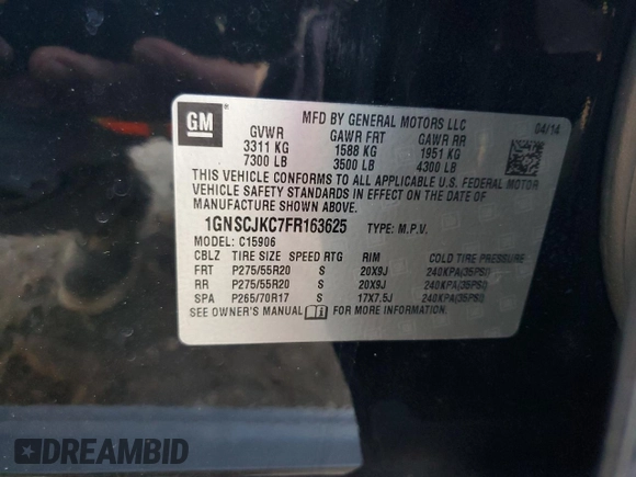 2015 Chevrolet Suburban LT with VIN 1GNSCJKC7FR163625, listed as a Copart auction lot 63949863 with 117,448 mi miles and . Bid and sale history available at DreamBid. Image 14.