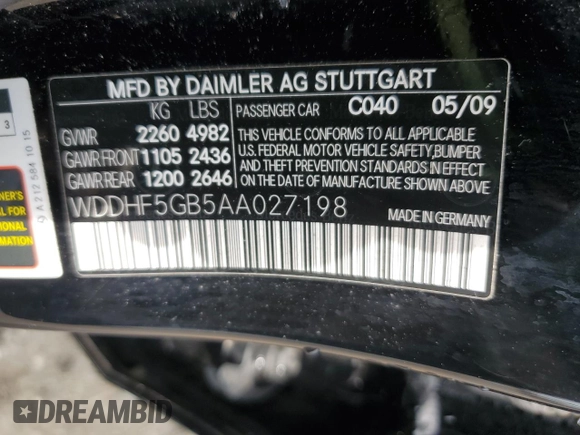 2010 Mercedes-Benz E 350 Luxury with VIN WDDHF5GB5AA027198, listed as a Copart auction lot 54066255 with 76,591 mi miles and Salvage Title. Bid and sale history available at DreamBid. Image 12.