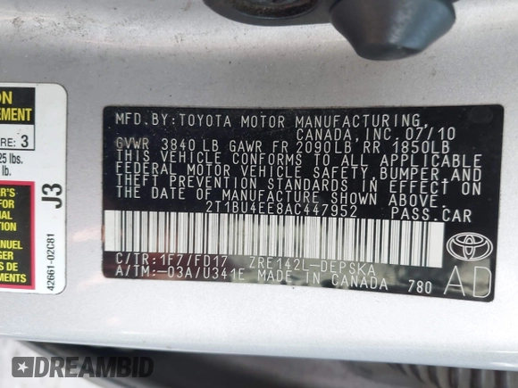 2010 Toyota Corolla with VIN 2T1BU4EE8AC447952, listed as a IAAI auction lot 42044627 with 213,962 mi miles. Bid and sale history available at carsss.com. Image 9.