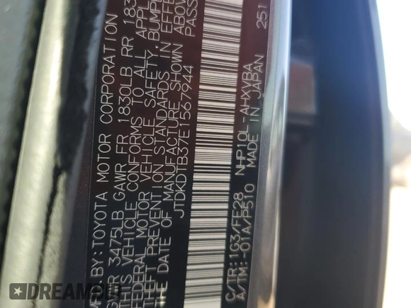 2014 Toyota Prius One with VIN JTDKDTB37E1567944, listed as a Copart auction lot 52772375 with 124,858 mi miles and Salvage Title. Bid and sale history available at DreamBid. Image 12.