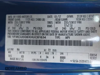 2017 Ford Escape SE with VIN 1FMCU0G9XHUC81634, listed as a IAAI auction lot 42180555 with 193,274 mi miles and . Bid and sale history available at DreamBid. Image 9.