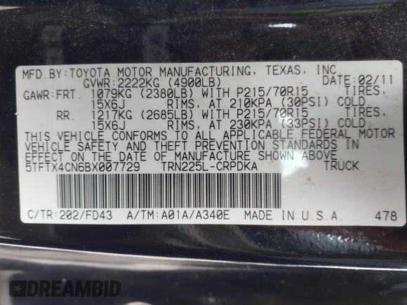 2011 Toyota Tacoma with VIN 5TFTX4CN6BX007729, listed as a IAAI auction lot 41486157 with 145,801 mi miles and . Bid and sale history available at DreamBid. Image 9.