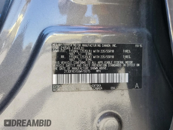 2016 Toyota RAV4 Limited with VIN 2T3DFREV5GW419315, listed as a Copart auction lot 55697735 with 131,036 mi miles and Salvage title. Bid and sale history available at DreamBid. Image 13.