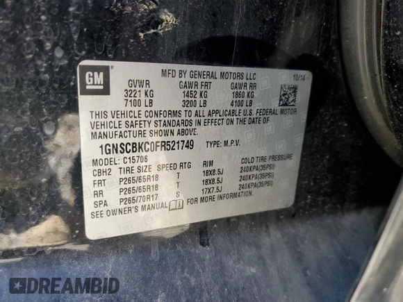 2015 Chevrolet Tahoe LT with VIN 1GNSCBKC0FR521749, listed as a Copart auction lot 50480075 with 156,940 mi miles and Salvage Title. Bid and sale history available at DreamBid. Image 13.