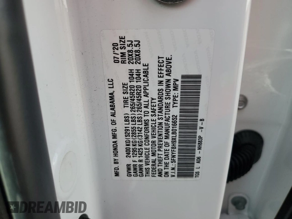 2020 Honda Passport Touring z VIN 5FNYF8H9XLB016652, wystawiony jako Copart lot #80346824 z przebiegiem 81 680 mil mil oraz Szkoda całkowita • Salvage title. Historia ofert i sprzedaży dostępna na DreamBid. Obrazek 14.