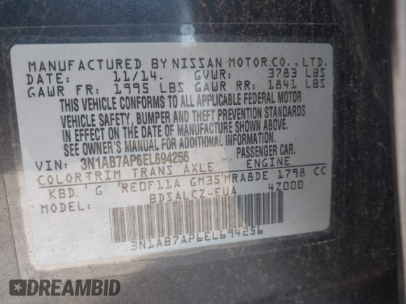 2014 Nissan Sentra SV with VIN 3N1AB7AP6EL694256, listed as a IAAI auction lot 42272806 with 164,248 mi miles and . Bid and sale history available at DreamBid. Image 9.