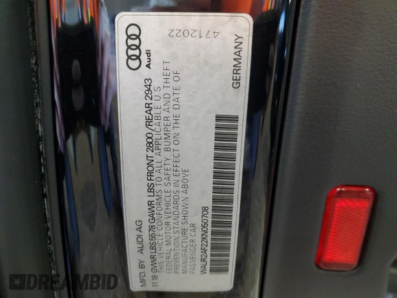 2019 Audi A7 Premium Plus with VIN WAUR2AF22KN050708, listed as a Copart auction lot 82110584 with 0 mi miles and Salvage Title. Bid and sale history available at carsss.com. Image 12.