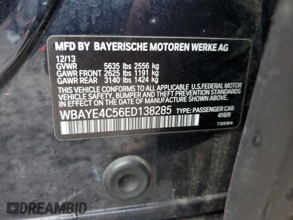 2014 BMW 7 Series 740Li with VIN WBAYE4C56ED138285, listed as a Copart auction lot 84256374 with 88,258 mi miles and Salvage Title. Bid and sale history available at carsss.com. Image 12.