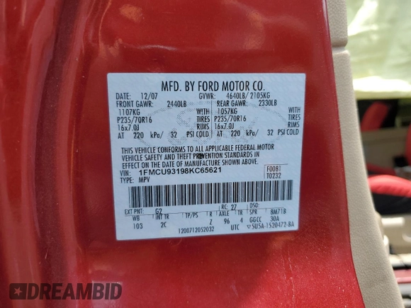 2008 Ford Escape XLT with VIN 1FMCU93198KC65621, listed as a Copart auction lot 61740935 with Not provided miles and Salvage title. Bid and sale history available at DreamBid. Image 13.