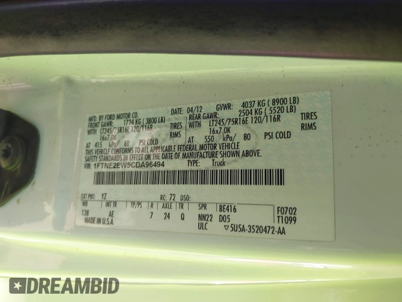 2012 Ford Econoline Cargo Recreational with VIN 1FTNE2EW5CDA96494, listed as a IAAI auction lot 41806434 with 225,687 mi miles and . Bid and sale history available at DreamBid. Image 9.
