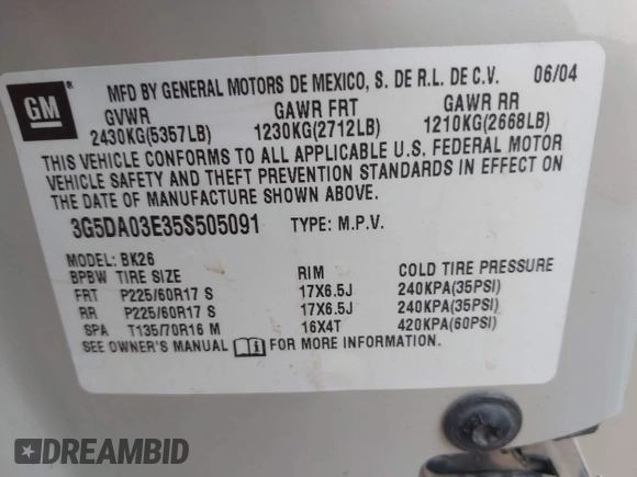 2005 Buick Rendezvous with VIN 3G5DA03E35S505091, listed as a IAAI auction lot 42109438 with 145,251 mi miles and . Bid and sale history available at DreamBid. Image 9.