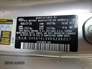 2019 Kia Optima LX z VIN 5XXGT4L39KG296057, wystawiony jako Copart lot #56992715 z przebiegiem 67 842 mil mil oraz Szkoda całkowita • Salvage title. Historia ofert i sprzedaży dostępna na DreamBid. Obrazek 12.