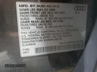 2022 Audi Q7 Prestige with VIN WA1VXBF72ND014963, listed as a Copart auction lot 59205275 with 41,754 mi miles and Salvage title. Bid and sale history available at DreamBid. Image 13.