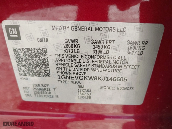 2019 Chevrolet Traverse LT Cloth with VIN 1GNEVGKW8KJ146605, listed as a IAAI auction lot 41437513 with 88,509 mi miles. Bid and sale history available at carsss.com. Image 9.