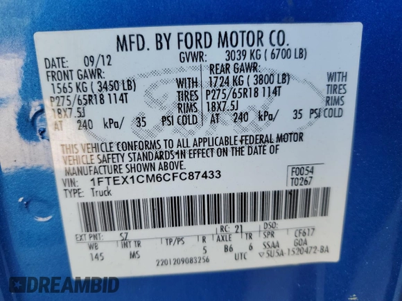 2012 Ford F-150 XL with VIN 1FTEX1CM6CFC87433, listed as a Copart auction lot 52502655 with Not Provided miles and Salvage Title. Bid and sale history available at carsss.com. Image 14.