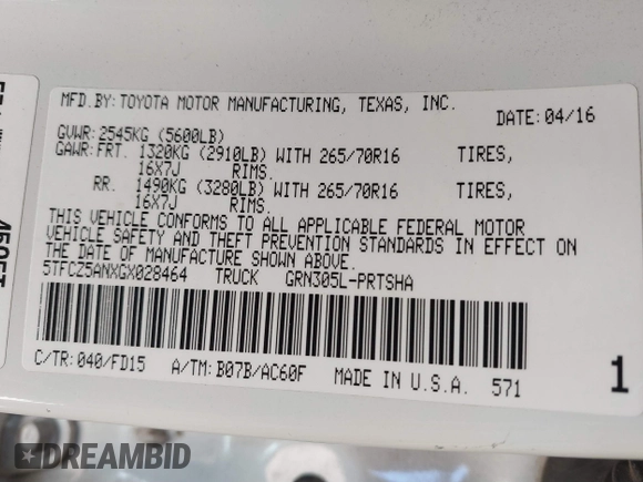 2016 Toyota Tacoma SR with VIN 5TFCZ5ANXGX028464, listed as a IAAI auction lot 41834385 with 124,407 mi miles and . Bid and sale history available at DreamBid. Image 9.