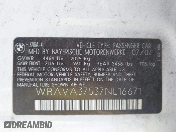 2007 BMW 3 Series 328i с VIN WBAVA37537NL16671, выставлен на аукционе IAAI как лот 42553608 с пробегом 154 319 миль миль и . История ставок и продаж доступна на DreamBid. Изображение 9.
