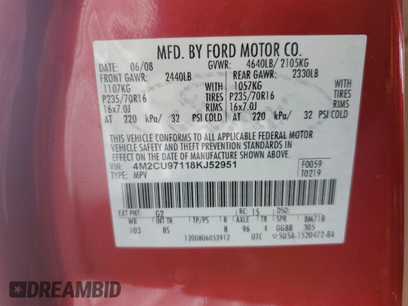 2008 Mercury Mariner Premier z VIN 4M2CU97118KJ52951, wystawiony jako Copart lot #61640225 z przebiegiem 186 109 mil mil oraz Szkoda całkowita • Salvage title. Historia ofert i sprzedaży dostępna na DreamBid. Obrazek 14.