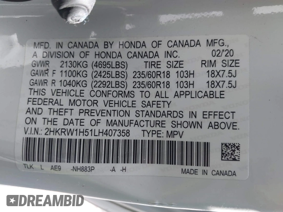 2020 Honda CR-V EX with VIN 2HKRW1H51LH407358, listed as a IAAI auction lot 41884373 with 51,051 mi miles and . Bid and sale history available at carsss.com. Image 9.