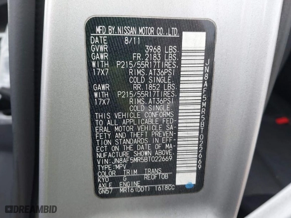 2011 Nissan Juke SL with VIN JN8AF5MR5BT022669, listed as a IAAI auction lot 41789405 with 212,913 mi miles. Bid and sale history available at carsss.com. Image 9.