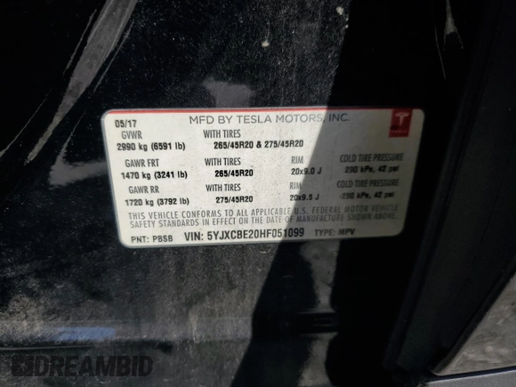 2017 Tesla Model X 90D with VIN 5YJXCBE20HF051099, listed as a Copart auction lot 52208205 with 118,828 mi miles and Salvage Title. Bid and sale history available at DreamBid. Image 14.