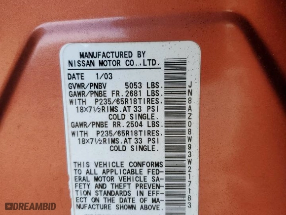 2003 Nissan Murano SE with VIN JN8AZ08W93W217183, listed as a Copart auction lot 77698384 with 0 mi miles and Salvage Title. Bid and sale history available at carsss.com. Image 13.
