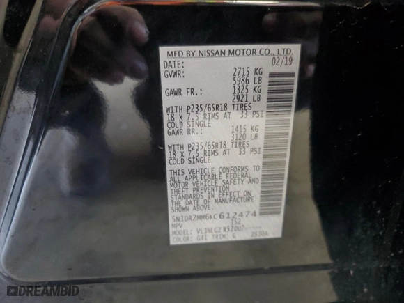 2019 Nissan Pathfinder S with VIN 5N1DR2MM6KC612474, listed as a Copart auction lot 48480395 with 100,129 mi miles and Salvage Title. Bid and sale history available at carsss.com. Image 14.