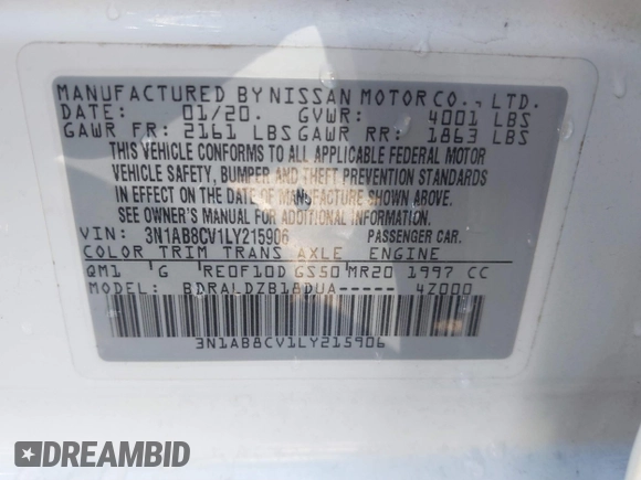 2020 Nissan Sentra SV with VIN 3N1AB8CV1LY215906, listed as a IAAI auction lot 41698379 with 84,901 mi miles. Bid and sale history available at carsss.com. Image 9.