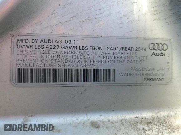 2011 Audi A4 Premium Plus z VIN WAUFFAFL6BN050548, wystawiony jako Copart lot #55328125 z przebiegiem 154 428 mil mil oraz Szkoda całkowita • Salvage title. Historia ofert i sprzedaży dostępna na DreamBid. Obrazek 12.