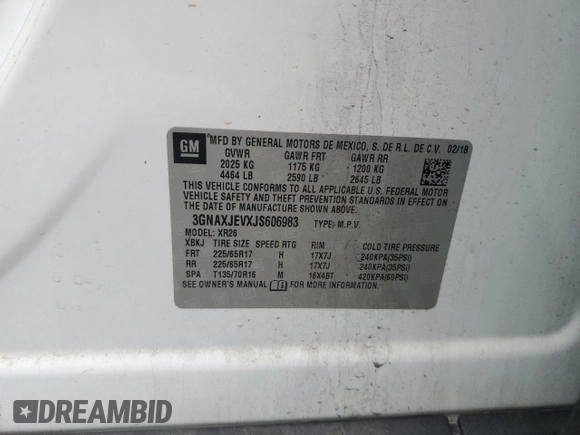 2018 Chevrolet Equinox LT with VIN 3GNAXJEVXJS606983, listed as a Copart auction lot 57243435 with 115,668 mi miles and Salvage title. Bid and sale history available at DreamBid. Image 12.