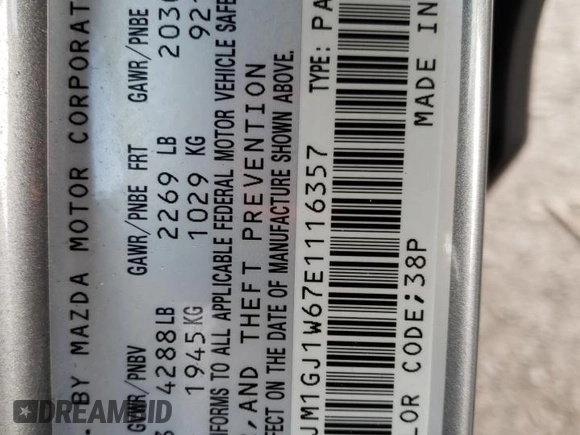 2014 Mazda 6 i Grand Touring with VIN JM1GJ1W67E1116357, listed as a Copart auction lot 54351205 with 111,190 mi miles and Salvage Title. Bid and sale history available at DreamBid. Image 13.