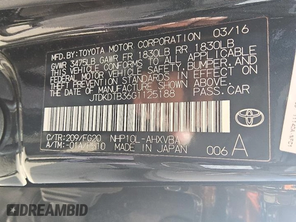 2016 Toyota Prius One with VIN JTDKDTB36G1125188, listed as a Copart auction lot 53493855 with 83,265 mi miles and Clean Title. Bid and sale history available at carsss.com. Image 13.