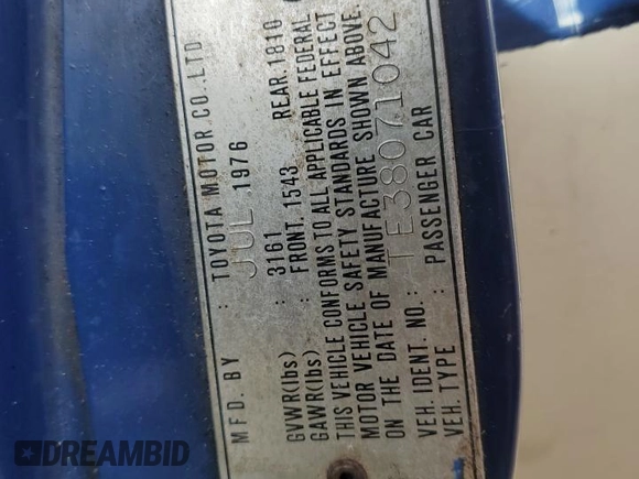 1976 Toyota Corolla с VIN TE38071042, выставлен на аукционе Copart как лот 53585075 с пробегом 18 247 миль миль и Чистый • Clean title. История ставок и продаж доступна на DreamBid. Изображение 13.