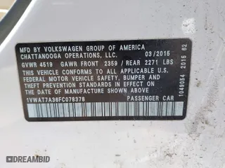 2015 Volkswagen Passat 1.8T Limited Edition with VIN 1VWAT7A36FC078378, listed as a IAAI auction lot 41995169 with NaN miles. Bid and sale history available at carsss.com. Image 9.