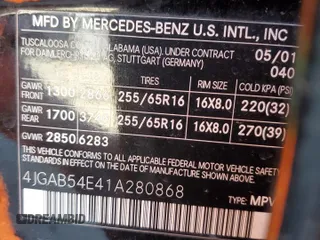2001 Mercedes-Benz M 320/430/500 with VIN 4JGAB54E41A280868, listed as a Copart auction lot 47829955 with 111,475 mi miles and Salvage title. Bid and sale history available at DreamBid. Image 13.
