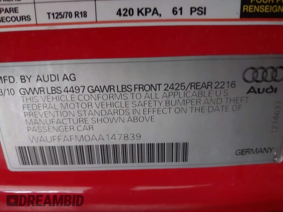 2010 Audi A3 with VIN WAUFFAFM0AA147839, listed as a IAAI auction lot 41250276 with Not provided miles and . Bid and sale history available at DreamBid. Image 9.