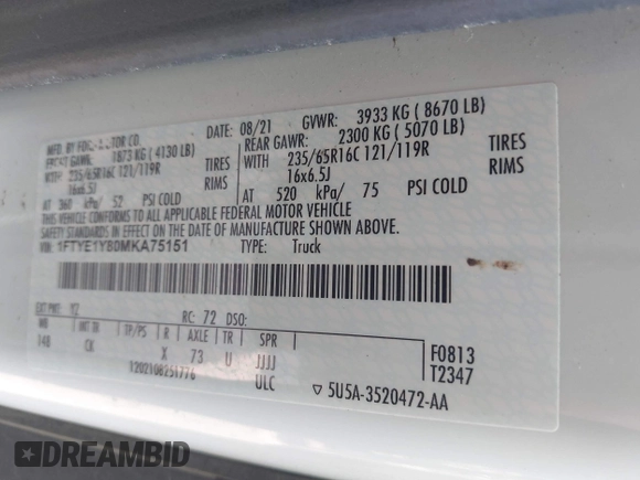 2021 Ford Transit Cargo with VIN 1FTYE1Y80MKA75151, listed as a IAAI auction lot 42577609 with 91,623 mi miles and . Bid and sale history available at DreamBid. Image 9.