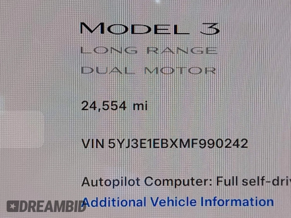 2021 Tesla Model 3 Long Range with VIN 5YJ3E1EBXMF990242, listed as a IAAI auction lot 41674222 with 24,554 mi miles and . Bid and sale history available at DreamBid. Image 15.