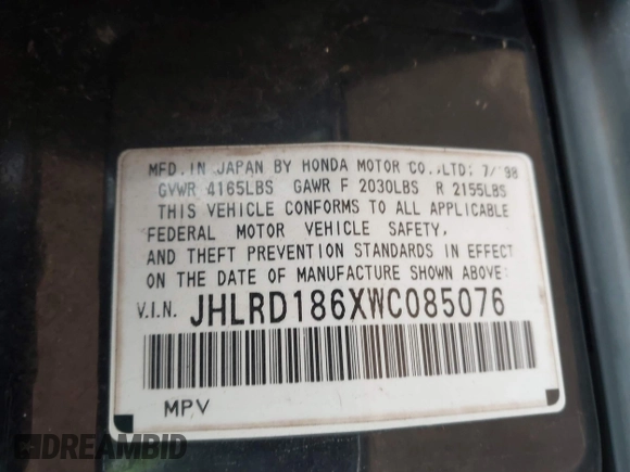 1998 Honda CR-V EX with VIN JHLRD186XWC085076, listed as a IAAI auction lot 41601344 with 264,810 mi miles. Bid and sale history available at carsss.com. Image 9.