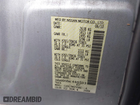 2010 Nissan Frontier SE with VIN 1N6AD0FV9AC440503, listed as a IAAI auction lot 40936959 with 193,504 mi miles and . Bid and sale history available at DreamBid. Image 9.