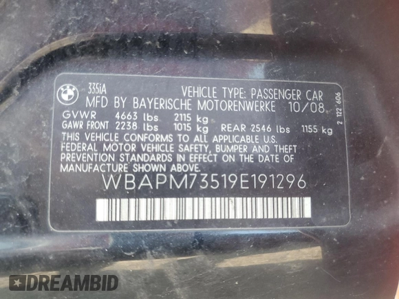 2009 BMW 3 Series 335i with VIN WBAPM73519E191296, listed as a Copart auction lot 76660204 with 145,894 mi miles and Salvage title. Bid and sale history available at DreamBid. Image 12.